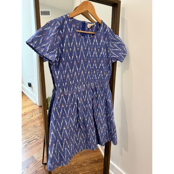 Mata Traders Dresses & Skirts - Mata Traders Womens Blue Ikat Cotton Fit and Flare Dress Short Sleeve Pockets M